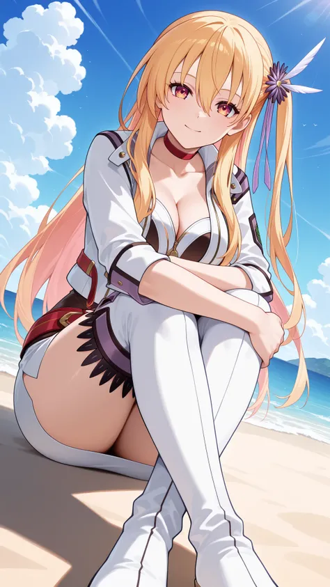 highres, absurdres,source anime,1girl,solo,alisa reinford,sen3alisa,blonde hair,side ponytail,red choker,collarbone,cleavage,white short jacket,open jacket,gold zipper,white sleeves,sleeves rolled up,white and dark brown tubetop,white pencil skirt,red belt...