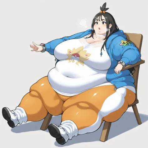 zalida, lida \(pokemon\), aged up, black hair, black eyes, long hair, bangs, sidelocks, topknot, hair bobbles, ear piercing, partially open jacket, blue jacket, hooded jacket, hood down, zipper pull tab, long sleeves, single bracelet, jewelrly, collarbone,...