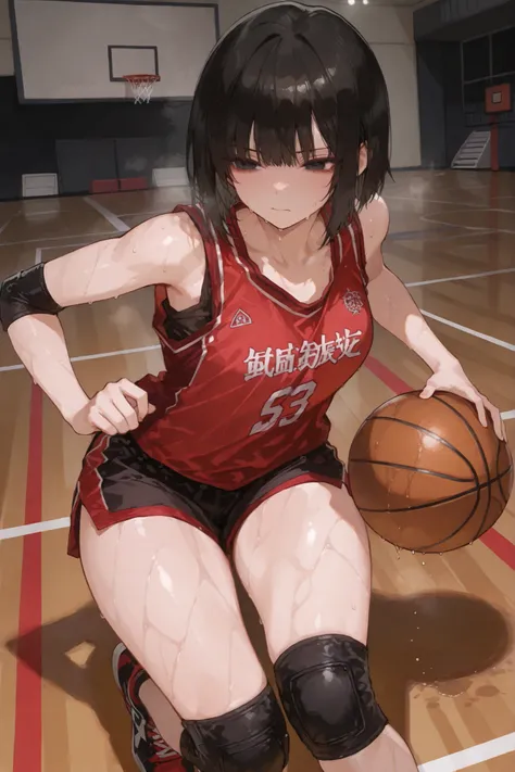  basketball dribbling, dribbling (basketball), basketball, basketball (object), basketball court, playing sports, ball, sweat, steam, running,,
1girl, beatiful, black short hair, red and black basketball shirt, side bob cut shirt, black basketball short, b...