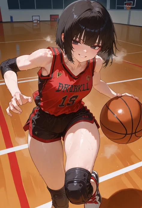 
1girl, beatiful, black short hair, red and black basketball shirt, side bob cut shirt, black basketball short, black knee pads, fit body, curvy body, medium chest, dribbling, black eyes, basketball sneakers, dribbling pose, in a basketball court, thick le...
