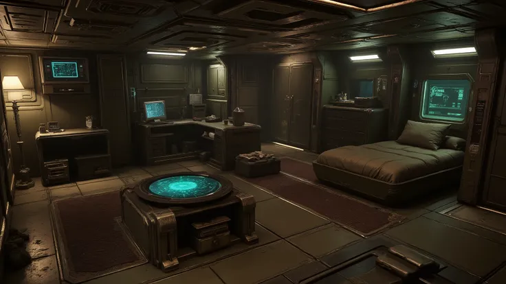 Create battle barge quarter from Space Marines 2, it's a quarter with plain style, have a one bed room and desk, holographic table in the middle of the room, Military style wardrobe built into the corner wall of the room