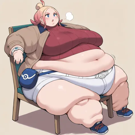 taunie, aged up, taunie \(pokemon\), pink hair, blonde hair, gradient hair, multicolored hair, single hair bun, ahoge, blue eyes, short hair, sidelocks
brown jacket, long sleeves, open jacket, red sweater, ribbed sweater, crop top, turtleneck, single brace...