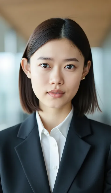Neat Young Woman、looking at the camera、office lady suit、jacket、shirt、ear piercings、、hairstyle short bob、 、無表情、口を閉じている、、face close-up、The background is office