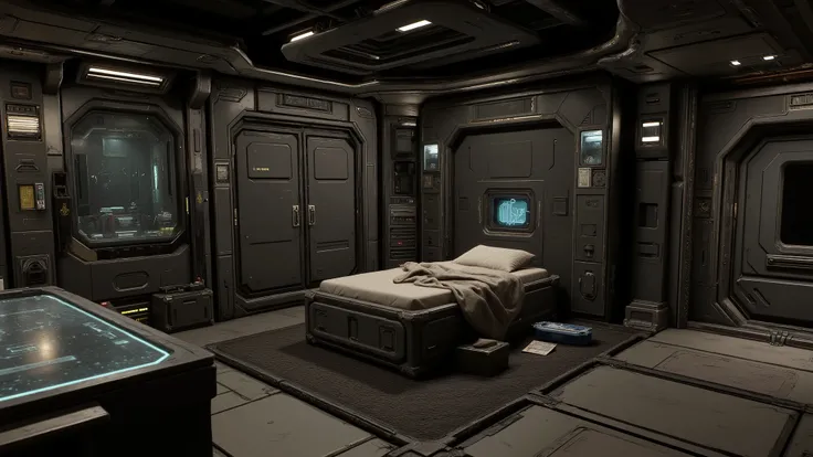 Create battle barge quarter from Space Marines 2, it's a quarter with plain style, have a one bed room and desk, holographic table in the middle of the room, Military style wardrobe built into the corner wall of the room