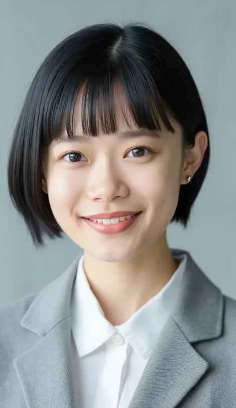 Neat Young Woman、looking at the camera、office lady suit、jacket、shirt、ear piercings、、hairstyle short bob、 黒髪、前髪あり、歯を見せた笑顔、face close-up、The background is office

Video Generation
