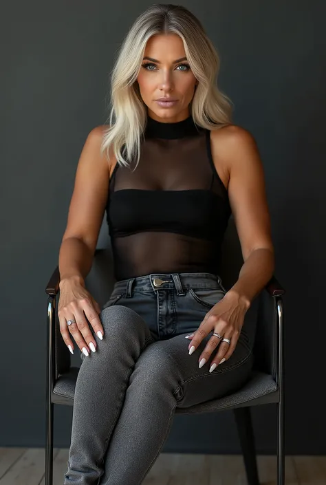 photorealistic full body portrait of a mature white woman in her late 40s sitting confidently on a chair, shot from a low camera angle with her looking down at the viewer, professional fashion photography lighting highlighting her slender long legs promine...