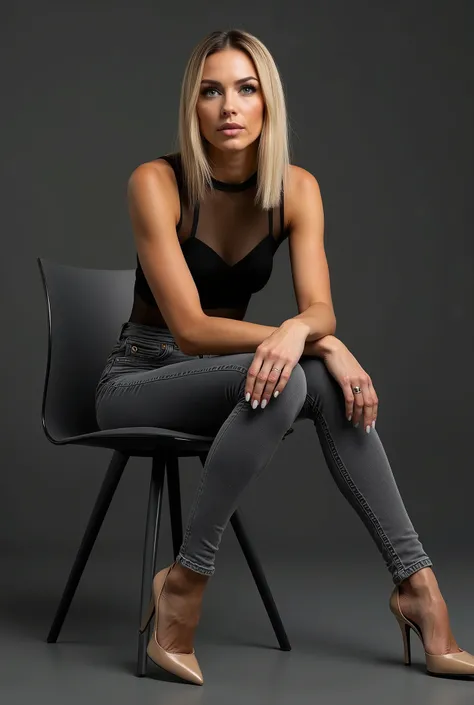 photorealistic full body portrait of a mature white woman in her late 40s sitting confidently on a chair, shot from a low camera angle with her looking down at the viewer, professional fashion photography lighting highlighting her slender long legs promine...