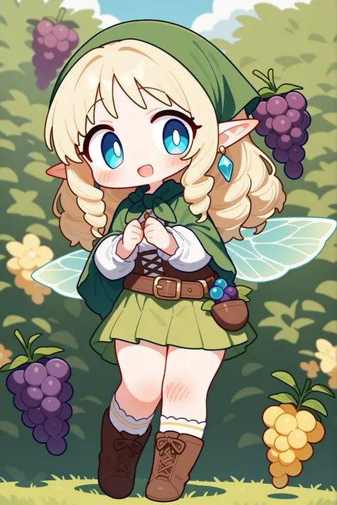 (Screen face,柔和的颜色让你的脸更近),(Chibi) Tooth faèrie princess. She has tall, thin miniature physique. She has holographic dragonfly wings. She has pale ivory skin and long pointy elf ears. Her eyes are sky-blue. She has long golden-blonde ringlet loose hairstyle...