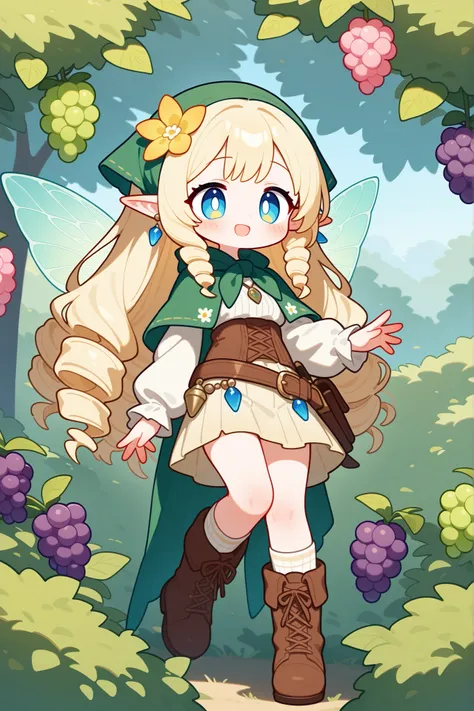 (Screen face,柔和的颜色让你的脸更近),(Chibi) Tooth faèrie princess. She has tall, thin miniature physique. She has holographic dragonfly wings. She has pale ivory skin and long pointy elf ears. Her eyes are sky-blue. She has long golden-blonde ringlet loose hairstyle...