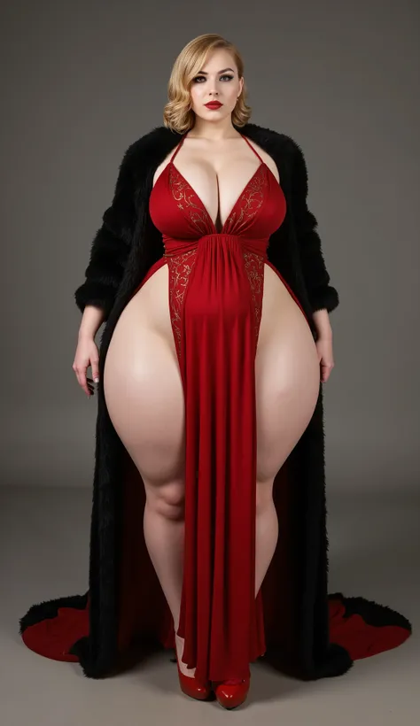 Dark Red Ultra Long Dress(Luxurious Gold Embroidery ),  Premium Black Fur Coat ,red high heels,  dark gothic makeup, 垂れきったsuper big boobs(Saggy state: 10.5, Length to bottom:130.0,Softness:130.0), Blonde(Saggy state: 10.5, Length to bottom:130.0,Softness:1...