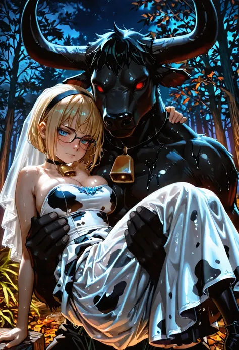 (((girl in cow-print wedding dress, minotaur carries his human pet, princess carry))), (((1girl, 1boy))), masterpiece, detailed_eyes, high_quality, best_quality, highres, absurdres, 8k, score_9, 1girl, ((white girl, older teen, stocky body, shortstack)), c...