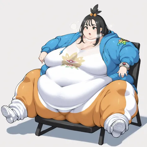 zalida, lida \(pokemon\), aged up, black hair, black eyes, long hair, bangs, sidelocks, topknot, hair bobbles, ear piercing, partially open jacket, blue jacket, hooded jacket, hood down, zipper pull tab, long sleeves, single bracelet, jewelrly, collarbone,...