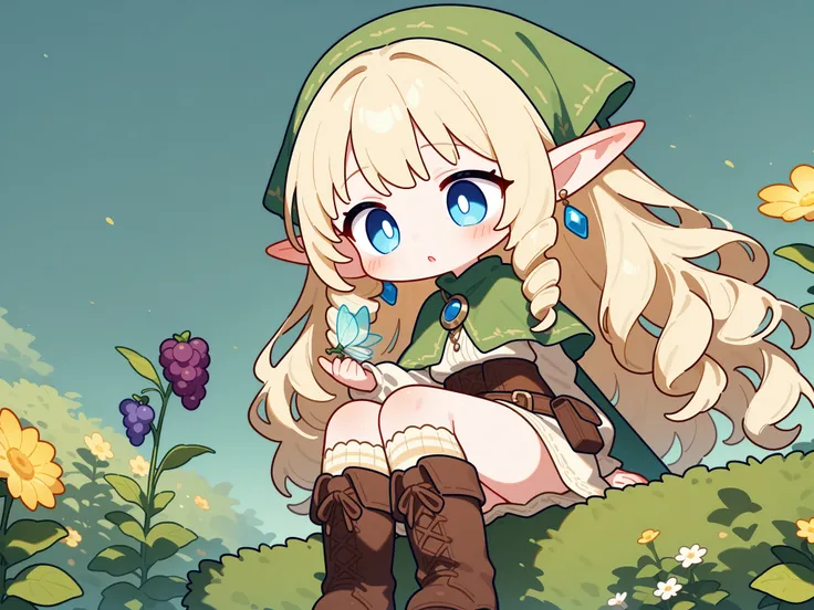 (Screen face,柔和的颜色让你的脸更近),(Chibi) Tooth faèrie princess. She has tall, thin miniature physique. She has holographic dragonfly wings. She has pale ivory skin and long pointy elf ears. Her eyes are sky-blue. She has long golden-blonde ringlet loose hairstyle...