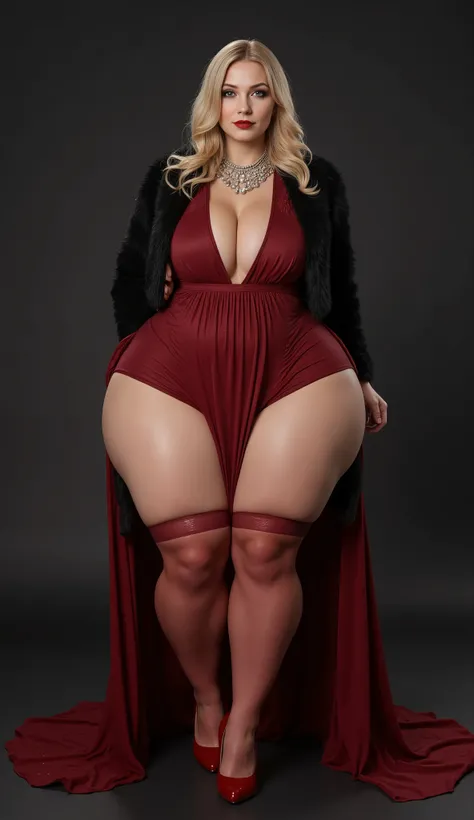 Dark Red Ultra Long Dress(Luxurious Gold Embroidery ),  Premium Black Fur Coat ,red high heels,  dark gothic makeup, 垂れきったsuper big boobs(Saggy state: 10.5, Length to bottom:130.0,Softness:130.0), Blonde(Saggy state: 10.5, Length to bottom:130.0,Softness:1...