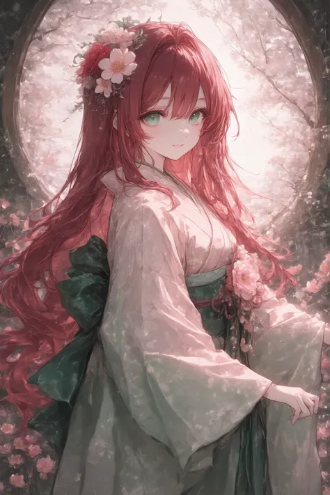 Very Long Lashes、very long red hair、30 years old、high resolution、high image quality、up、very detailed、Deep green eyes、Light pink kimono on white、spider flower hair corsage、  dance