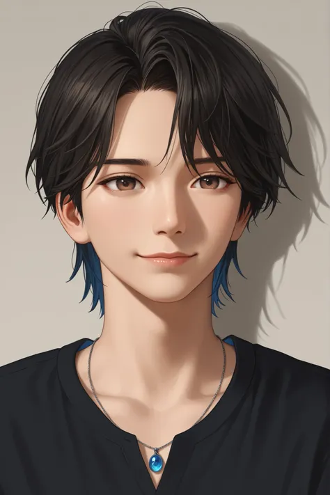 portrait of a handsome Korean male idol, upper body, facing forward, photorealistic anime style, soft natural lighting, wearing a simple black shirt and a thin silver necklace with a blue pendant, medium-short wavy layered black hair with subtle shadow-blu...