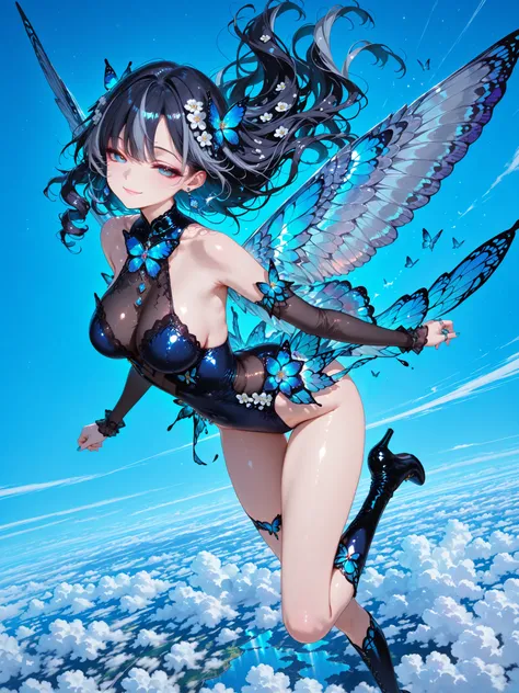 solo girl, (blue gray eyes), (BLACK LONG HAIR), (blue gradation highlights), Wavy Curl, One-sided knitting, gem earrings, flower hair accessories, ring, blue nail polish, seductive smile parting hair, Butterfly Personification, The young and active queen s...