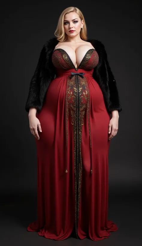 Dark Red Ultra Long Dress(Luxurious Gold Embroidery ),  Premium Black Fur Coat ,red high heels,  dark gothic makeup, 垂れきったsuper big boobs(Saggy state: 10.5, Length to bottom:130.0,Softness:130.0), Blonde(Saggy state: 10.5, Length to bottom:130.0,Softness:1...