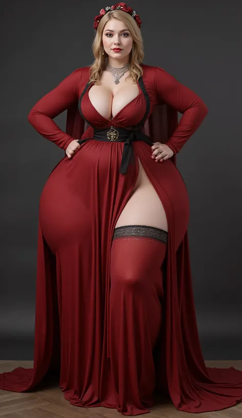 Dark Red Ultra Long Dress(Luxurious Gold Embroidery ),  Premium Black Fur Coat ,red high heels,  dark gothic makeup, 垂れきったsuper big boobs(Saggy state: 10.5, Length to bottom:130.0,Softness:130.0), Blonde(Saggy state: 10.5, Length to bottom:130.0,Softness:1...