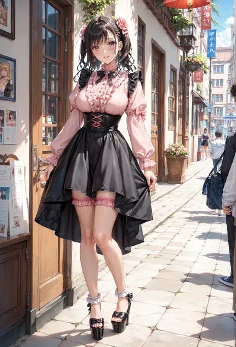 ((inspired by )),(masterpiece, best quality),beautiful, beautiful-woman, ((detailed face)).(full body:1.3).,
((The woman is wearing jirai-kei fashion)),pink frilled shirt with short puff sleeves, black neck ribbon,and high waist skirt with black frille...