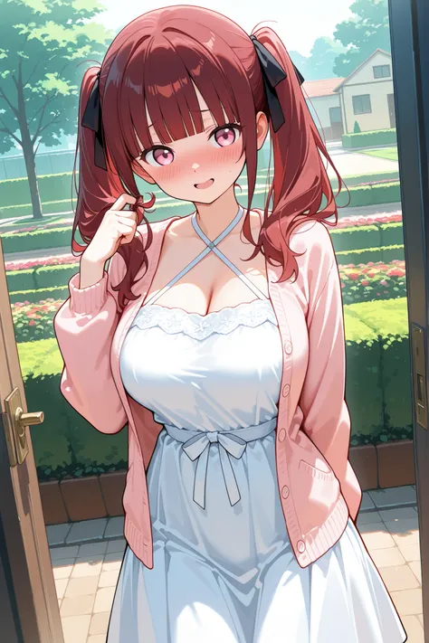 1girl, solo, character focus, upper body, cowboy shot, dutch angle, front door, outdoor, garden, residential area, twirling hair with one hand, arm behind back with one hand, legs together, light pink cardigan, open front cardigan, white dress, criss-cross...