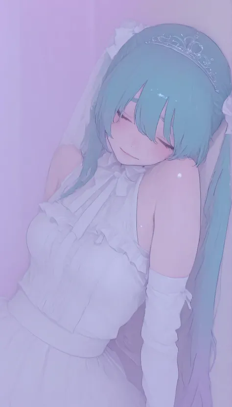 The image contains the following of elements: -、close-up、 she says 、wears a loose white wedding dress with slight frills at the edge {X} ツインテールにまとめられた長い青緑色of髪を持っているアニメスタイルofキャラクターを描写, キャラクターof曲線と輪郭を際立たせる優しい影を落とす. she says 目を閉じる、mainly composed of pastel c...