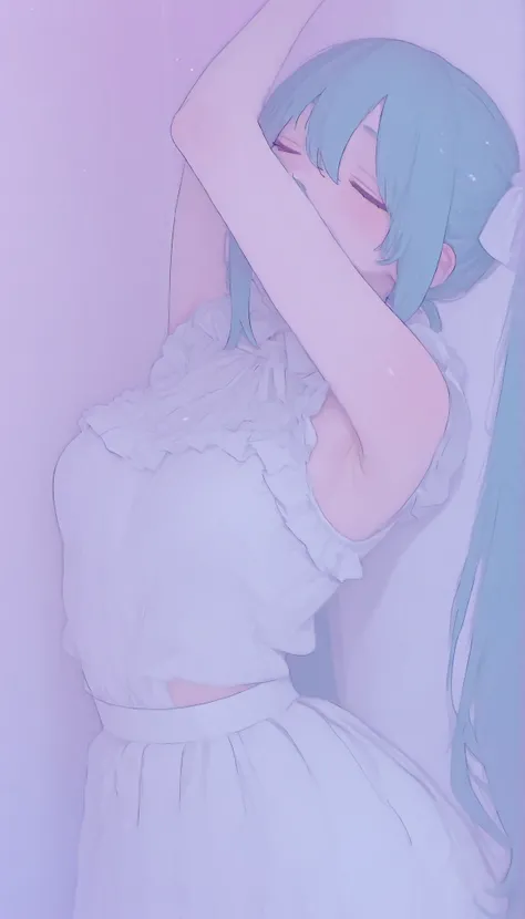 The image contains the following of elements: -、close-up、 she says 、wears a loose white wedding dress with slight frills at the edge {X} ツインテールにまとめられた長い青緑色of髪を持っているアニメスタイルofキャラクターを描写, キャラクターof曲線と輪郭を際立たせる優しい影を落とす. she says 目を閉じる、mainly composed of pastel c...