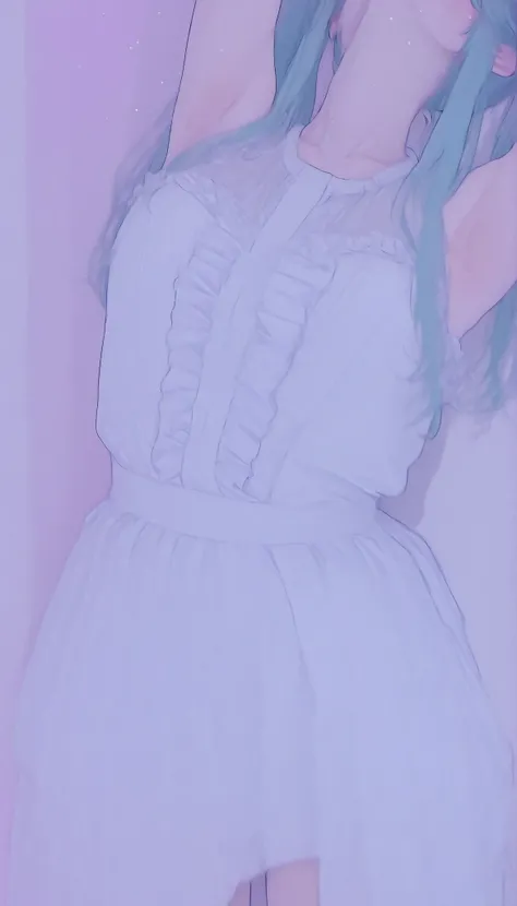 The image contains the following of elements: -、super close up、 she says 、wears a loose white wedding dress with slight frills at the edge {X} ツインテールにまとめられた長い青緑色of髪を持っているアニメスタイルofキャラクターを描写, キャラクターof曲線と輪郭を際立たせる優しい影を落とす. she says 目を閉じる、mainly composed of pa...