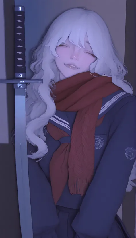 Yokoyan from Yokohama、A striking figure with white hair、A stylized version of me is wearing a dark blue school uniform。, Reminiscent of a Japanese sailor、The character is wielding a sword。Costume, Adds a dreamlike quality。. Has a strong grasp of the intric...