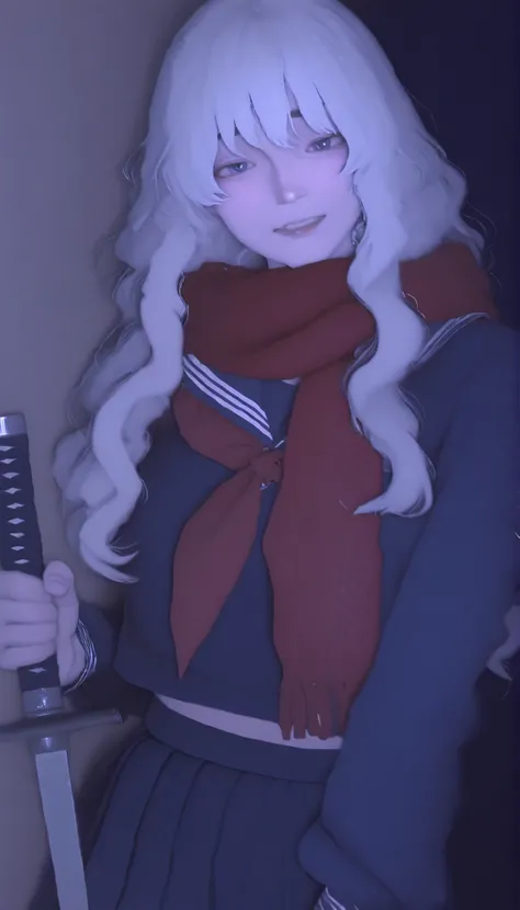 Yokoyan from Yokohama、A striking figure with white hair、A stylized version of me is wearing a dark blue school uniform。, Reminiscent of a Japanese sailor、The character is wielding a sword。Costume, Adds a dreamlike quality。. Has a strong grasp of the intric...