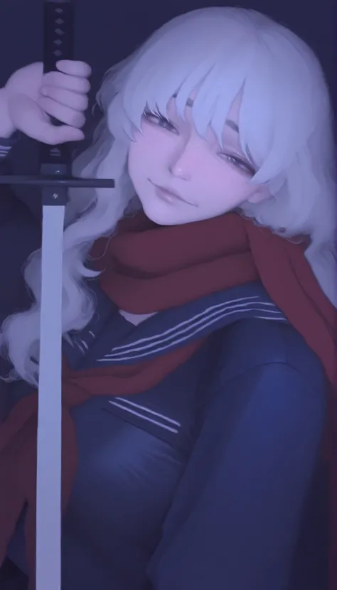 Yokoyan from Yokohama、A striking figure with white hair、A stylized version of me is wearing a dark blue school uniform。, Reminiscent of a Japanese sailor、The character is wielding a sword。Costume, Adds a dreamlike quality。. Has a strong grasp of the intric...