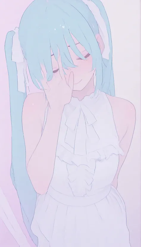 The image contains the following of elements: -、顔へof超クローズアップ、 she says 、wears a loose white wedding dress with slight frills at the edge {X} ツインテールにまとめられた長い青緑色of髪を持っているアニメスタイルofキャラクターを描写, キャラクターof曲線と輪郭を際立たせる優しい影を落とす. she says 目を閉じる、mainly composed of past...