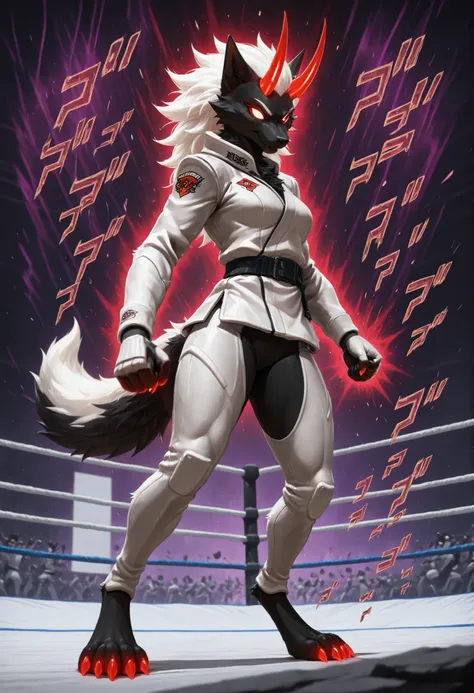 sharrax, ((((anthro)))), ((female)), straight glowing horns,red glowing claws, pitch black body fur, luminous white mane, luminous white-black tail,8K resolution, High detail, Realistic fur texture, fighter, standing in masterpiece, ultra-HD, high detail, ...