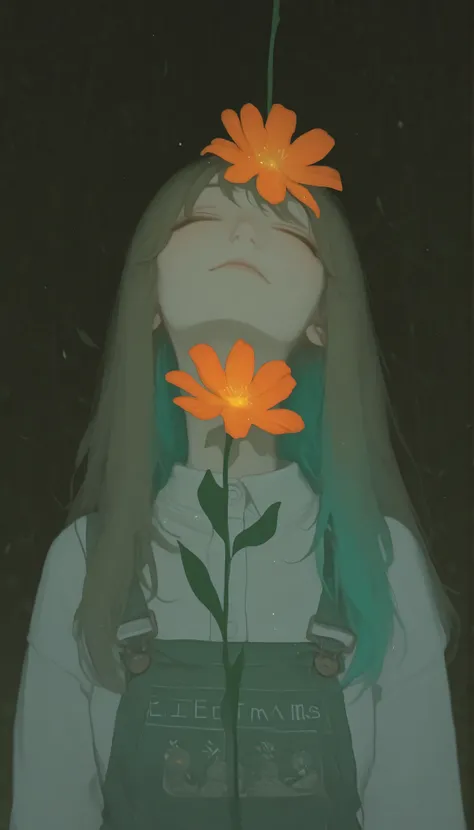 The serene image 、The young woman is surrounded by vibrant foliage。, Accented by bold orange flowers。. Her profile is elegantly positioned、, with eyes gently closed, suggests stillness and introspection. Her hair is a vibrant teal color、, flows gracefully ...