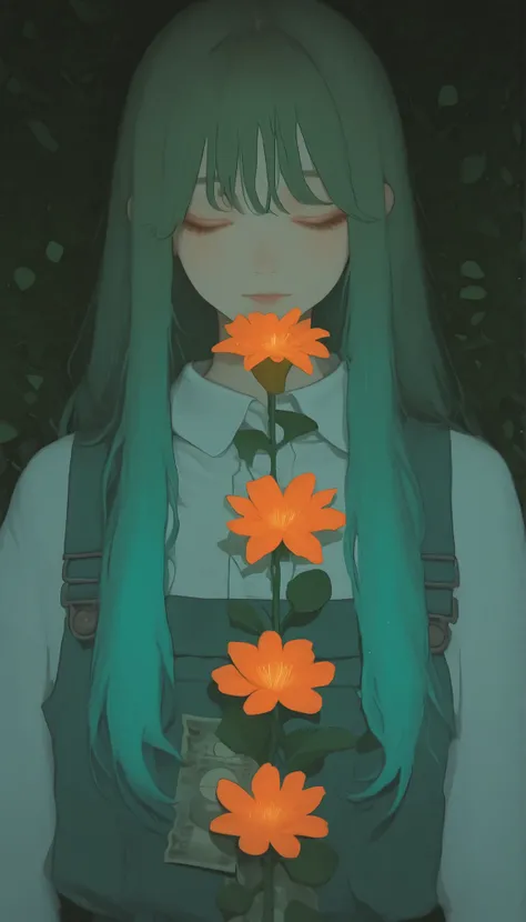 The serene image 、The young woman is surrounded by vibrant foliage。, Accented by bold orange flowers。. Her profile is elegantly positioned、, with eyes gently closed, suggests stillness and introspection. Her hair is a vibrant teal color、, flows gracefully ...