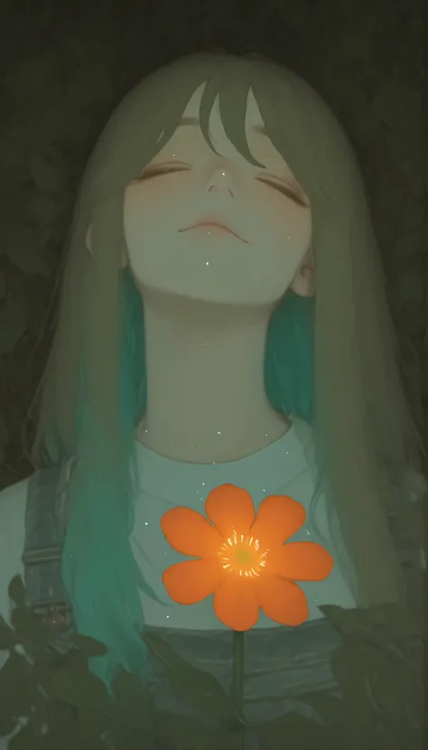 The serene image 、The young woman is surrounded by vibrant foliage。, Accented by bold orange flowers。. Her profile is elegantly positioned、, with eyes gently closed, suggests stillness and introspection. Her hair is a vibrant teal color、, flows gracefully ...