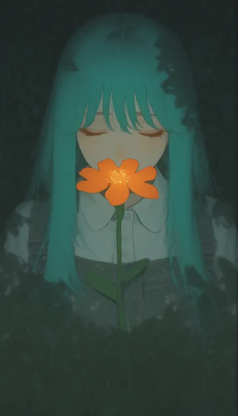 The serene image 、The young woman is surrounded by vibrant foliage。, Accented by bold orange flowers。. Her profile is elegantly positioned、, with eyes gently closed, suggests stillness and introspection. Her hair is a vibrant teal color、, flows gracefully ...