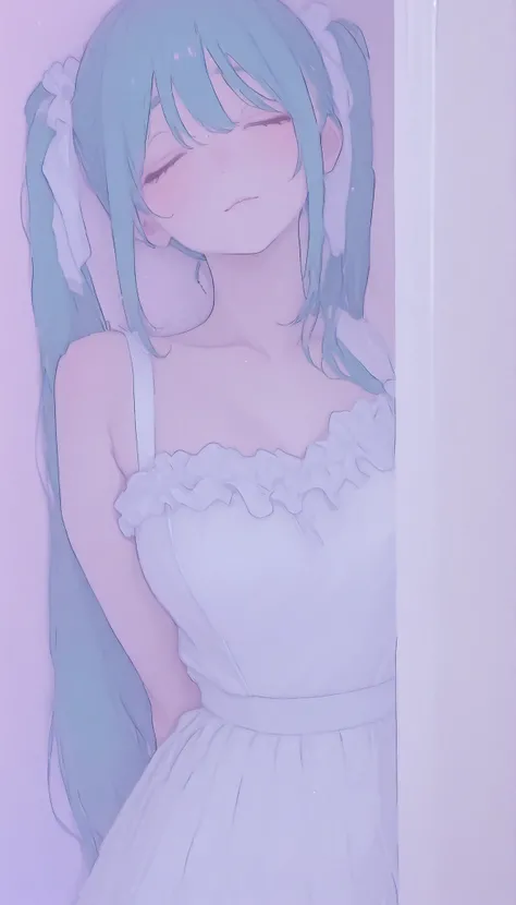 The image contains the following of elements: -、super close up、 she says 、wears a loose white wedding dress with slight frills at the edge {X} ツインテールにまとめられた長い青緑色of髪を持っているアニメスタイルofキャラクターを描写, キャラクターof曲線と輪郭を際立たせる優しい影を落とす. she says 目を閉じる、mainly composed of pa...