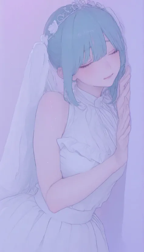 The image contains the following of elements: -、super close up、 she says 、wears a loose white wedding dress with slight frills at the edge {X} ツインテールにまとめられた長い青緑色of髪を持っているアニメスタイルofキャラクターを描写, キャラクターof曲線と輪郭を際立たせる優しい影を落とす. she says 目を閉じる、mainly composed of pa...