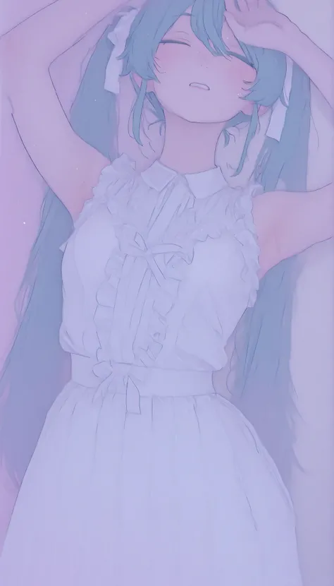 The image contains the following of elements: -、super close up、 she says 、wears a loose white wedding dress with slight frills at the edge {X} ツインテールにまとめられた長い青緑色of髪を持っているアニメスタイルofキャラクターを描写, キャラクターof曲線と輪郭を際立たせる優しい影を落とす. she says 目を閉じる、mainly composed of pa...