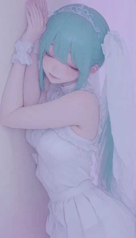 The image contains the following of elements: -、 she says 、wears a loose white wedding dress with slight frills at the edge {X} ツインテールにまとめられた長い青緑色of髪を持っているアニメスタイルofキャラクターを描写, キャラクターof曲線と輪郭を際立たせる優しい影を落とす. she says 目を閉じる、mainly composed of pastel colors, re...