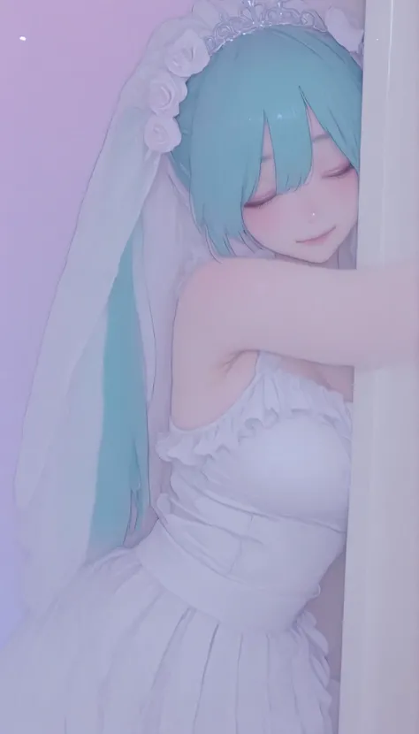 The image contains the following of elements:
-、 she says 、wears a loose white wedding dress with slight frills at the edge {X} ツインテールにまとめられた長い青緑色of髪を持っているアニメスタイルofキャラクターを描写, キャラクターof曲線と輪郭を際立たせる優しい影を落とす. she says 目を閉じる、mainly composed of pastel colors, re...