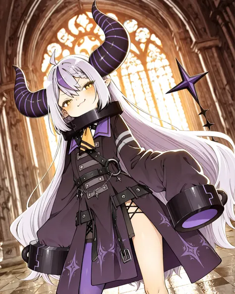 ((Abara Heiki style)), ((Laplus Darknesss)), ((Masterpiece)), ((best quality, amazing quality)), ((very aesthetic, absurdres, newest)), (backlighting), ((detailed background, negative space, blurry background, depth of field, Asymmetrical background)), (dy...