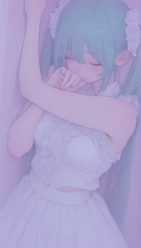 The image contains the following of elements:
-、 she says 、wears a loose white wedding dress with slight frills at the edge {X} ツインテールにまとめられた長い青緑色of髪を持っているアニメスタイルofキャラクターを描写, キャラクターof曲線と輪郭を際立たせる優しい影を落とす. she says 目を閉じる、mainly composed of pastel colors, re...