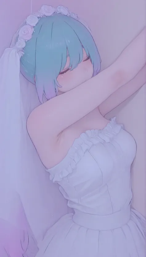 The image contains the following of elements:
-、 she says 、wears a loose white wedding dress with slight frills at the edge {X} ツインテールにまとめられた長い青緑色of髪を持っているアニメスタイルofキャラクターを描写, キャラクターof曲線と輪郭を際立たせる優しい影を落とす. she says 目を閉じる、mainly composed of pastel colors, re...