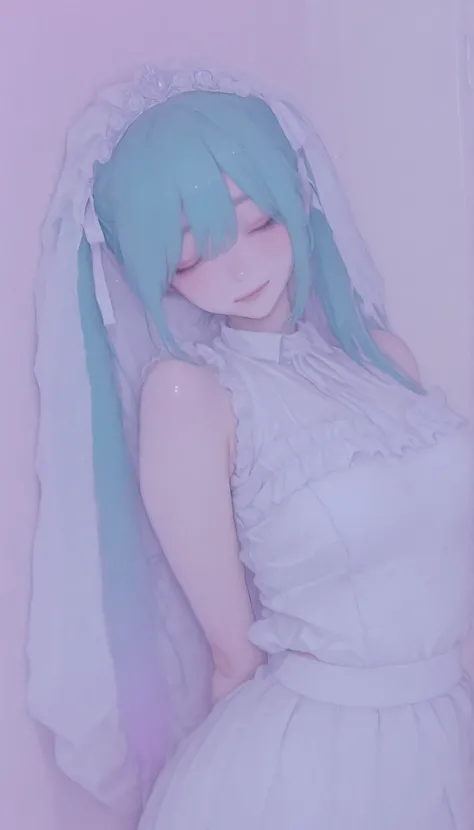 The image contains the following of elements:
-、 she says 、wears a loose white wedding dress with slight frills at the edge {X} ツインテールにまとめられた長い青緑色of髪を持っているアニメスタイルofキャラクターを描写, キャラクターof曲線と輪郭を際立たせる優しい影を落とす. she says 目を閉じる、mainly composed of pastel colors, re...