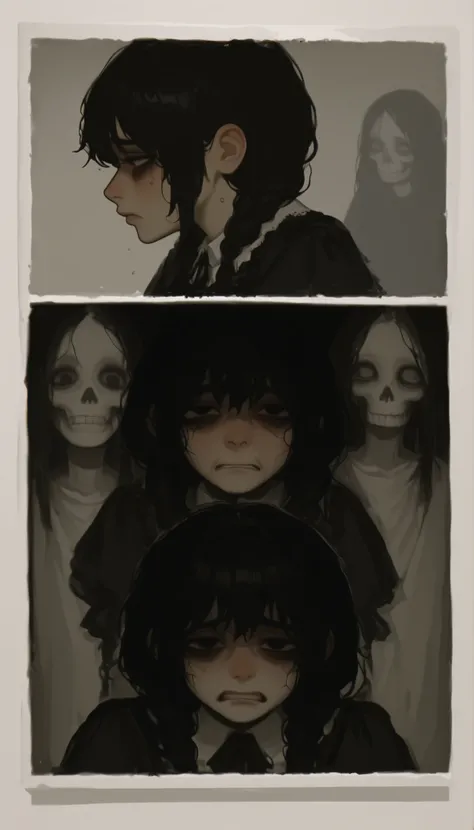 profile、dark hair、braids、 Photo of a woman with pigtails and a nice black dress, Frustrated and sad look , Grumpy and sad look , emotional sad painting , Tired and worried look, Portrait of a depressed girl, Sadness Incarnate , Preparing for, Melan...