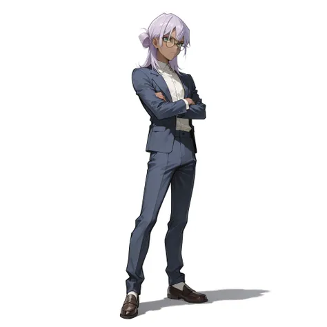 (male), (old man, round glasses), (slim body), (dark skin), (light purple hair), (medium straight hairstyle with bangs), (green eyes), (serious expression), (solo), (single character), (full body version), (white background), (no background), (highly detai...