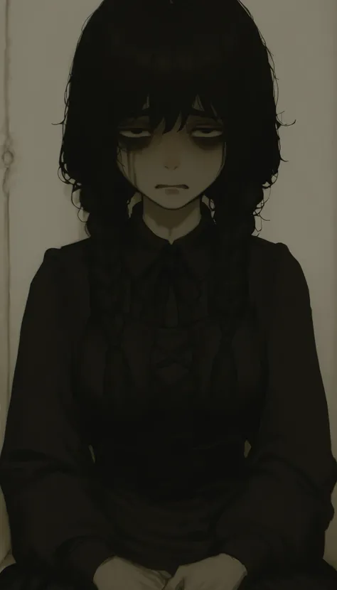 profile、dark hair、braids、Photo of a very beautiful woman with pigtails and a nice black dress, sad expression , 不機嫌でsad expression , emotional sad painting , Tired and worried look, Portrait of a depressed girl, Sadness Incarnate , Preparing for, Mel...