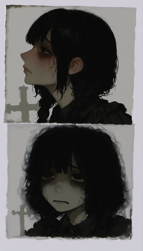 profile、dark hair、braids、Photo of a very beautiful woman with pigtails and a nice black dress, sad expression , 不機嫌でsad expression , emotional sad painting , Tired and worried look, Portrait of a depressed girl, Sadness Incarnate , Preparing for, Mel...